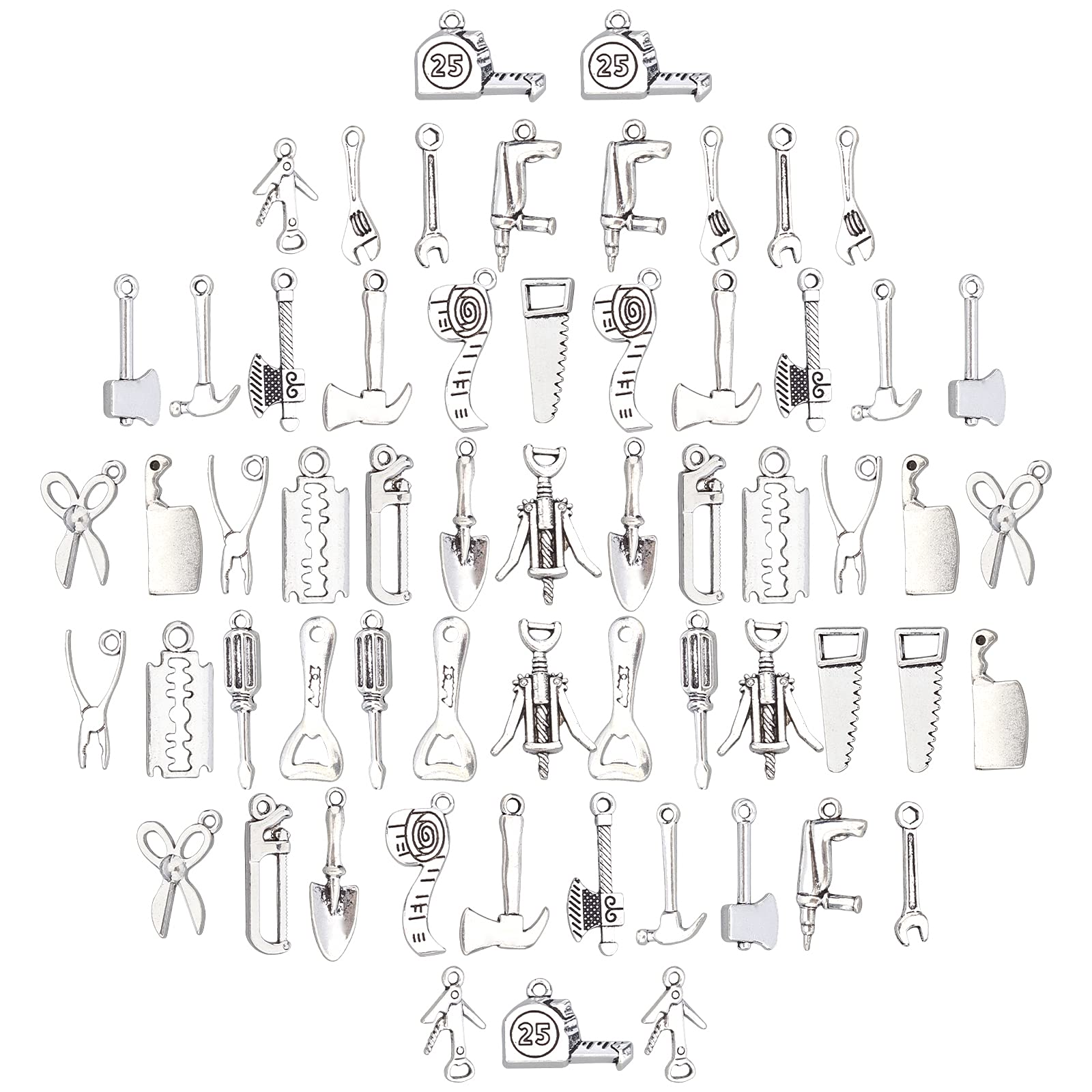 SUNNYCLUE 1 Box 60Pcs 20 Styles Home Tools Charms Alloy Pendants Tibetan Style Scissor Hammer Axe Bottle Opener Nail Drawer with Hole for Crafting Jewelry Making Accessory DIY, Antiqued Silver