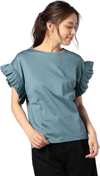 Amazon リエミラー Rie Miller 度詰透け防止天竺袖フリルカットソー Pl 38 グレイッシュブルー Tシャツ カットソー 通販
