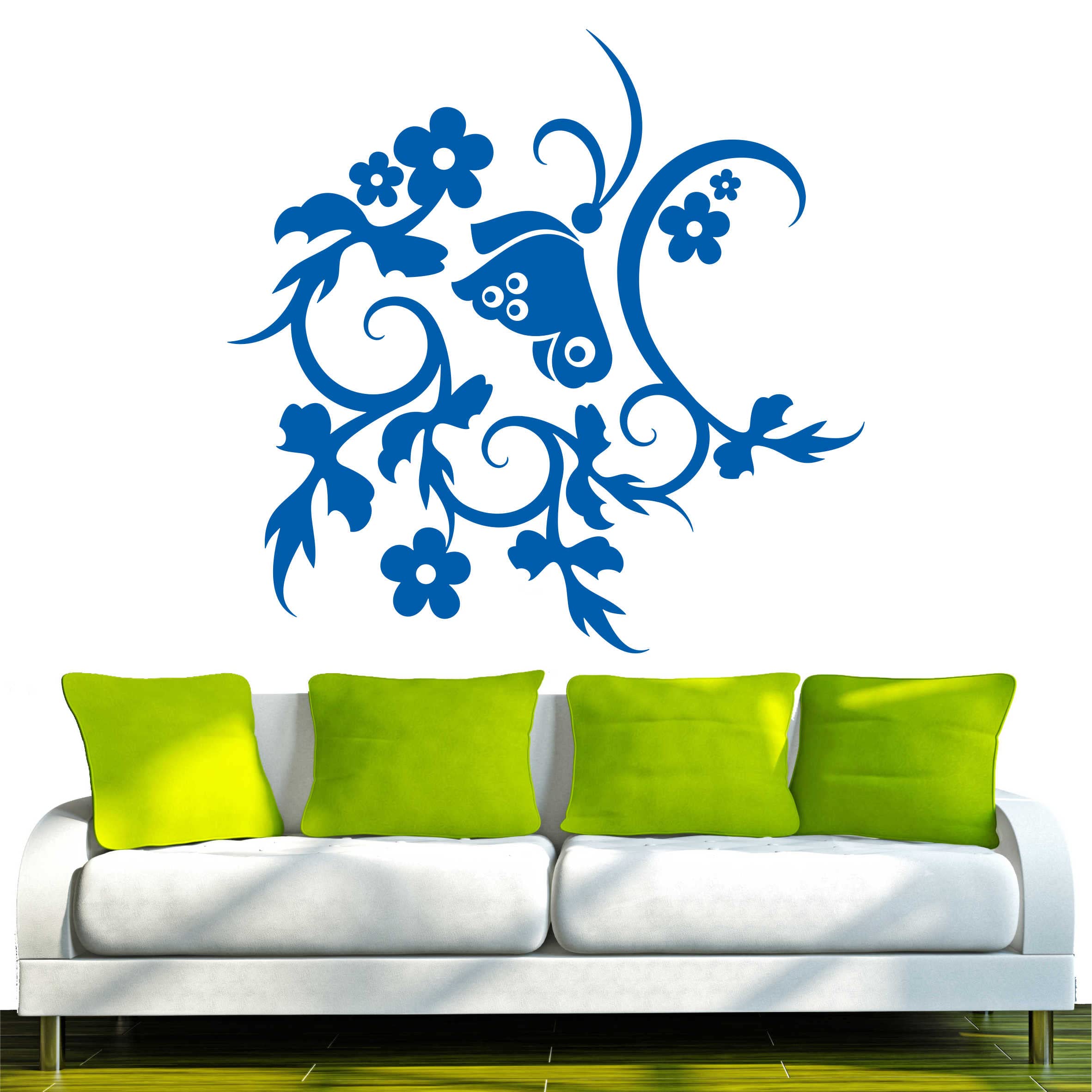 Indigos 4051095664147 Wall Sticker Vinyl Wall Art Sticker D157 Beautiful Butterflies with Nice Plant Tribal, Turquoise, 120 x 117 cm