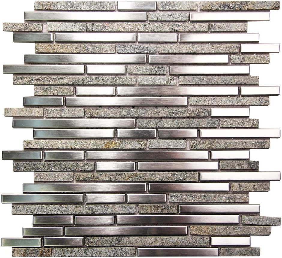 Grey Linear Metal Tile With Grey Textured Stone for Kitchen Backsplash and Bathroom Wall - Hebe 007 Mosaic Tile (Box of 10 Sheets)