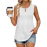 Cakrisyal Womens Summer Pleated Tank Tops Keyhole Round Neck Cute Babydoll Peplum Casual Sleeveless Blouses Flowy Tunic Shirt