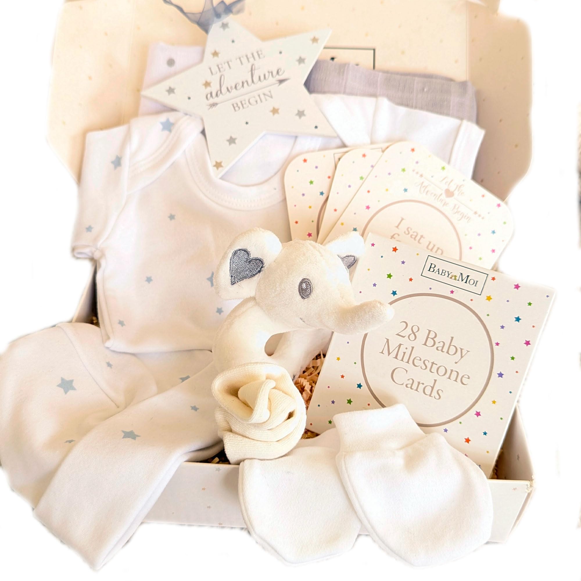 Welcome to The World 7 Piece New Baby Gift Box New Baby Essential Clothes, Socks, Toy, Plaque, Baby Moment Cards Baby Shower Present Mum to Be Gift Elephant (Unisex)