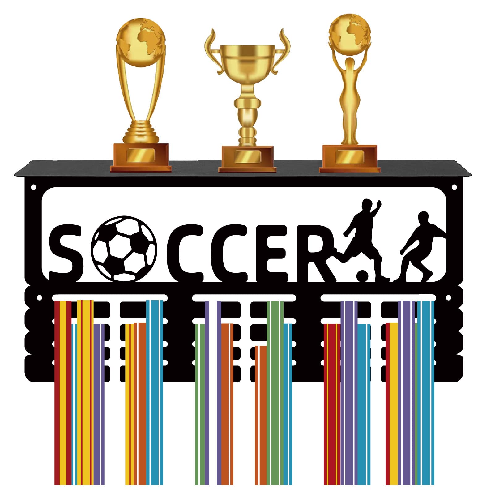 CREATCABIN Soccer Medal Holder Trophy Shelf Medal Hanger Display with Shelf Stand Sports 4 Rows Wall Mount Hold 70+ for Women Gymnastics Soccer Running Swimming Awards Rack 15.7 x 7.9 Inch