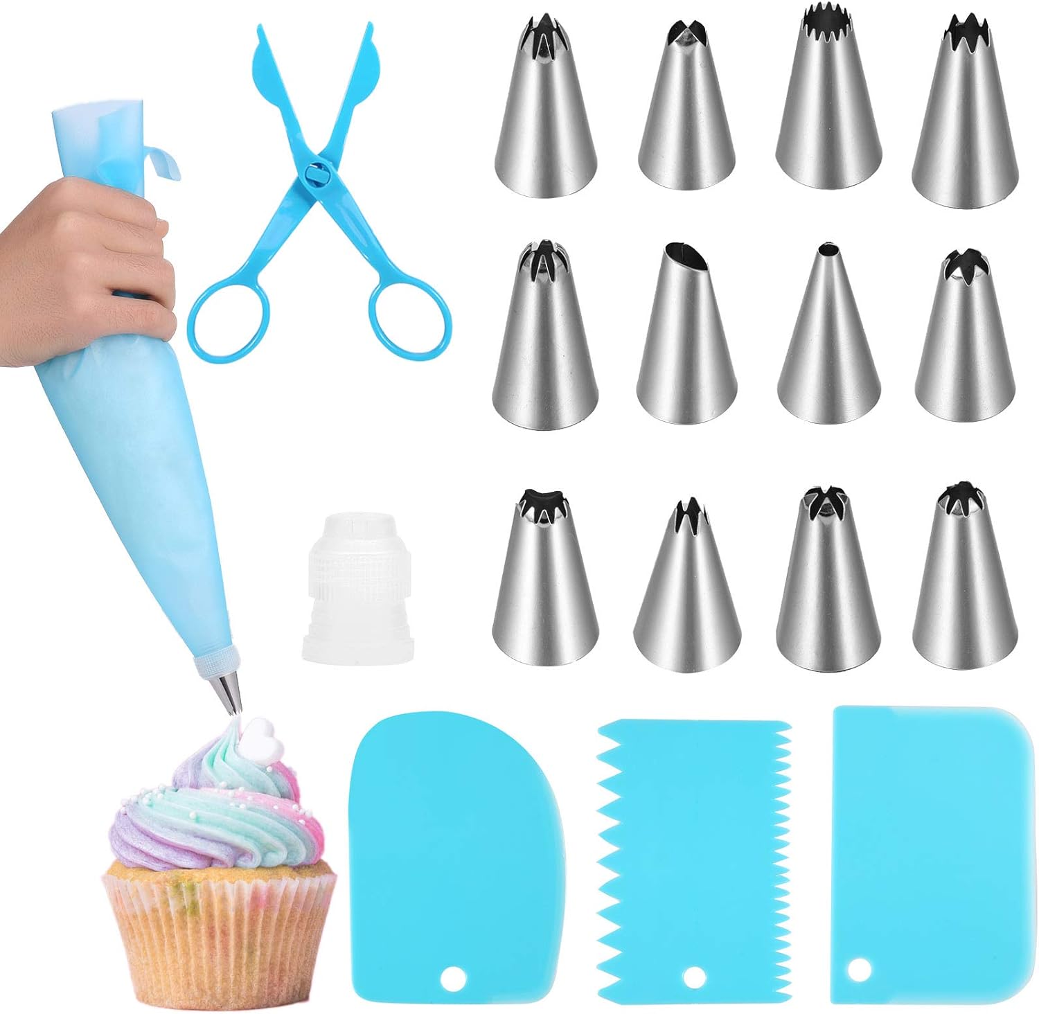 Winkwinky 18 Pcs Cake Piping Nozzles Set, Cake Decoration Kit with 3 Cake Scrappers, 1 Coupler