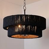 Mcoashin 20" Black Rattan Chandelier, Hand Woven Boho Pendant Light, 6-Light Adjustable Wicker Ceiling Fixture for Kitchen Island, Dining Room, Living Room, UL Listed