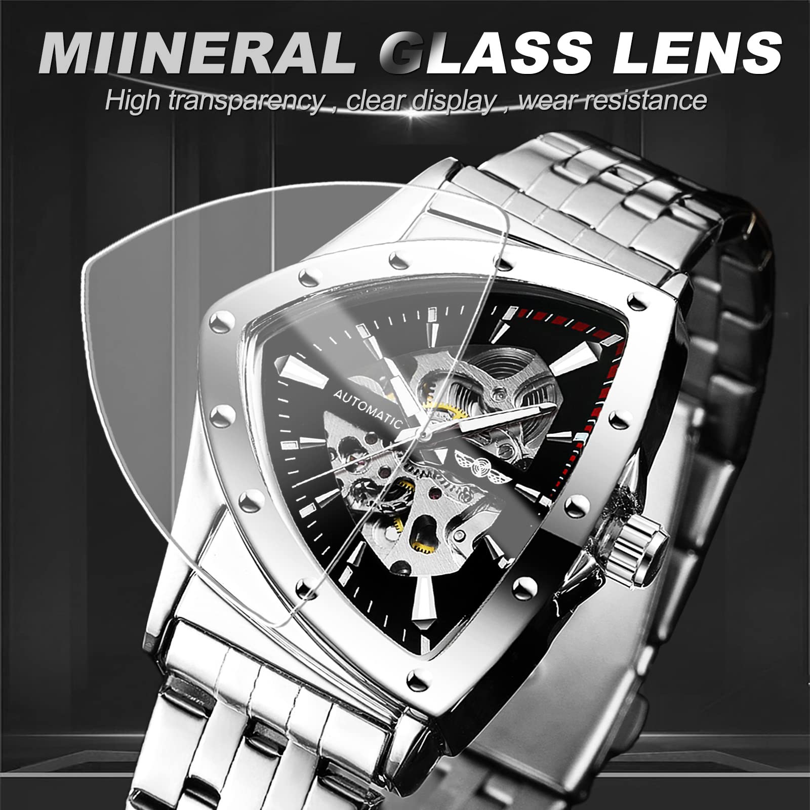 FORSINING Triangle Skelett Herren Automatische Mechanische Uhr Luxus Gold Schwarz Edelstahl Uhren Wasserdicht Leuchtende Sport Armbanduhr, Silber / Schwarz, Modern