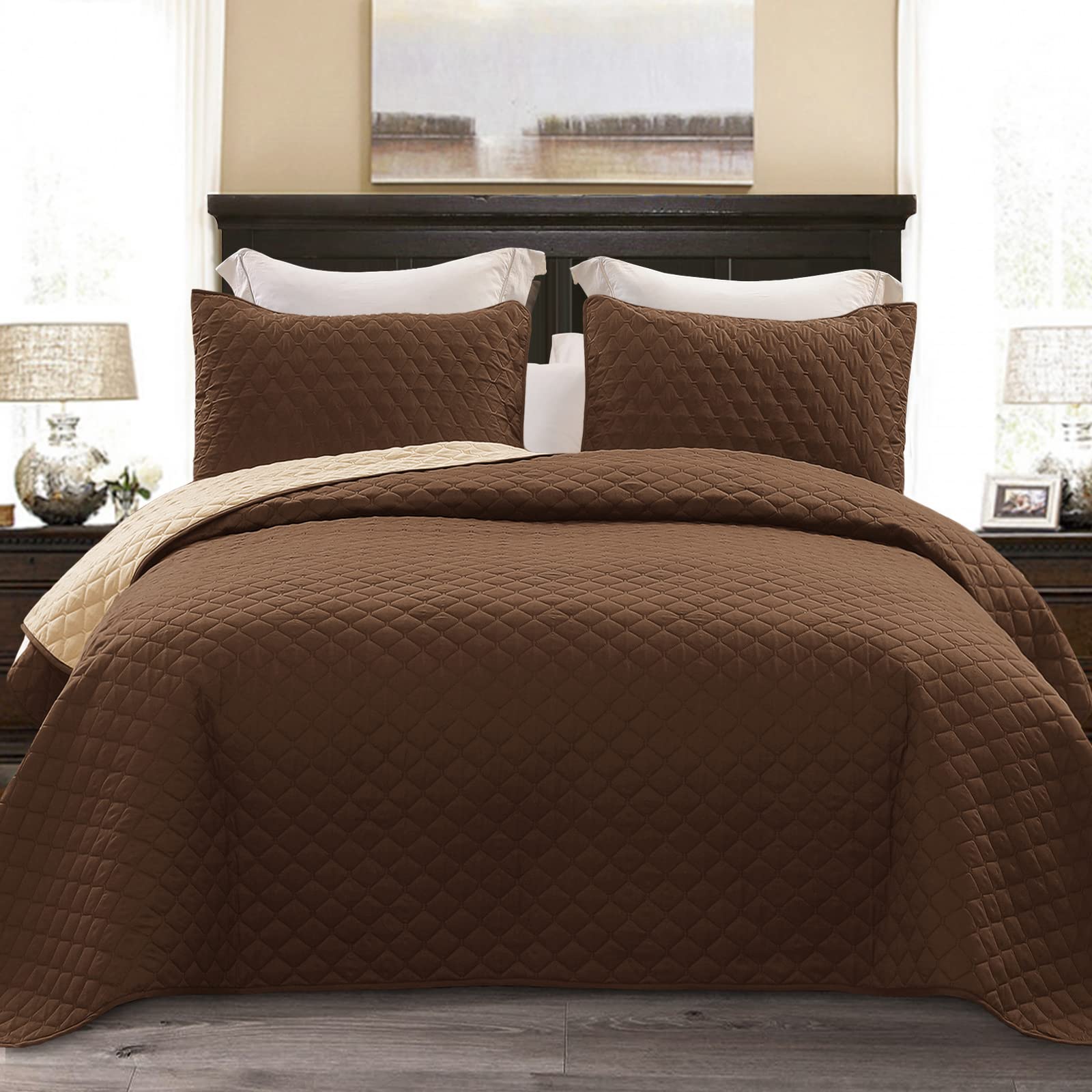Photo 1 of Exclusivo Mezcla Ultrasonic Reversible Full Queen Quilt Bedding Set with Pillow Shams, Lightweight Quilts Queen Size, Soft Bedspreads Bed Coverlets for All Seasons - (Chocolate Brown, 90"x96")