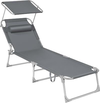 SONGMICS Sun Lounger Deck Chair Folding with Sunshade 193 x 53 x 29 cm Dark