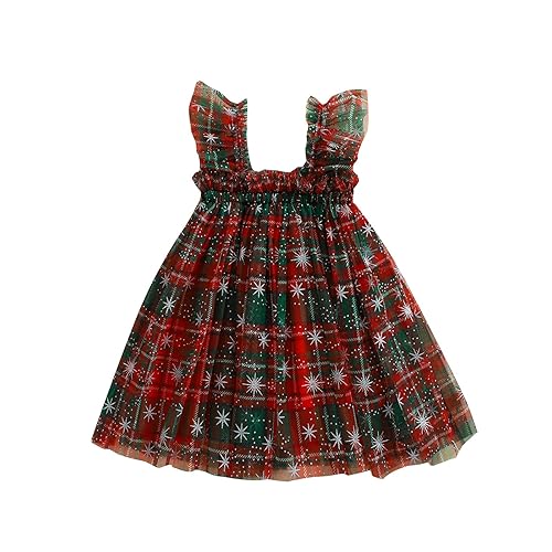 LYSINK Toddler Girl Christmas Dress Square Neck Sleeveless Layered Tulle Dress Christmas Print Outfit Baby Girl Princess Dresses (Ba Multi-Color, 6-12 Months)