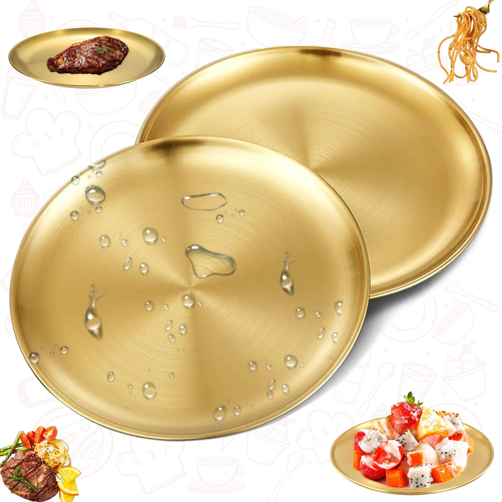 Oneroomone 2 Pieces Stainless Steel Gold Plates Round Plate Stainless Steel Round Serving Platter with Golden Tray for Home Camping Outdoor Picnic