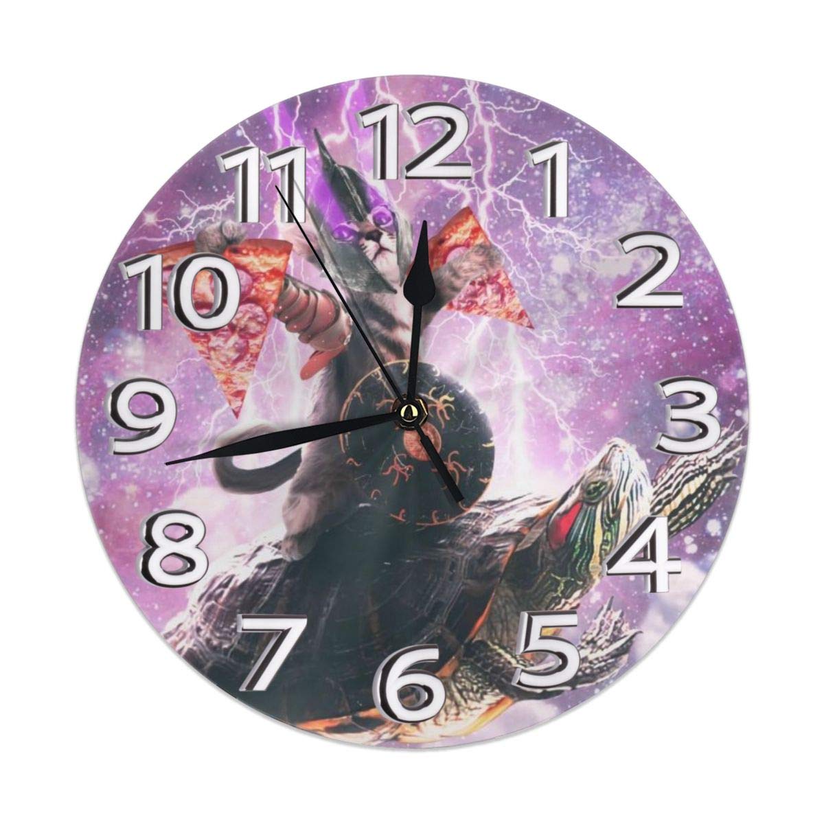 Cat Riding Turtle and Pizza Galaxy Space Family Decorations Clock Mounted for Girl Boy Kids Bedroom Living Bed Dinning Room Dorm Wall Desk Home Art Ornament Decor Frameless Non Ticking