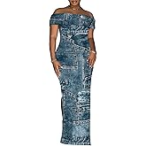 Yuopeid Women's Sexy Off Shoulder Bodycon Maxi Dresses Fashion Printed High Split Clubwear Party Long Dress