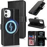Zouzt for iPhone 11 6.1" Genuine Leather Wallet Case with Card Holder, for MagSafe Magnetic Wireless Charging, Flip Folio Book Kickstand Shockproof Cover Women Men iPhone 11 - Black