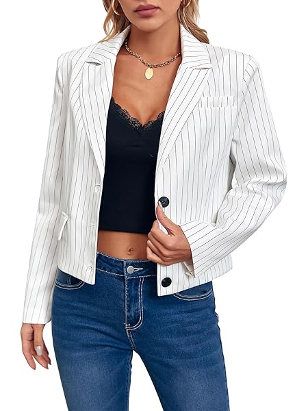 CICY BELL WOMENS CROPPED STRIPED BLAZER CASUAL LONG SLEEVE LAPEL BUTTON DOWN WORK BLAZER JACKETS WHITE