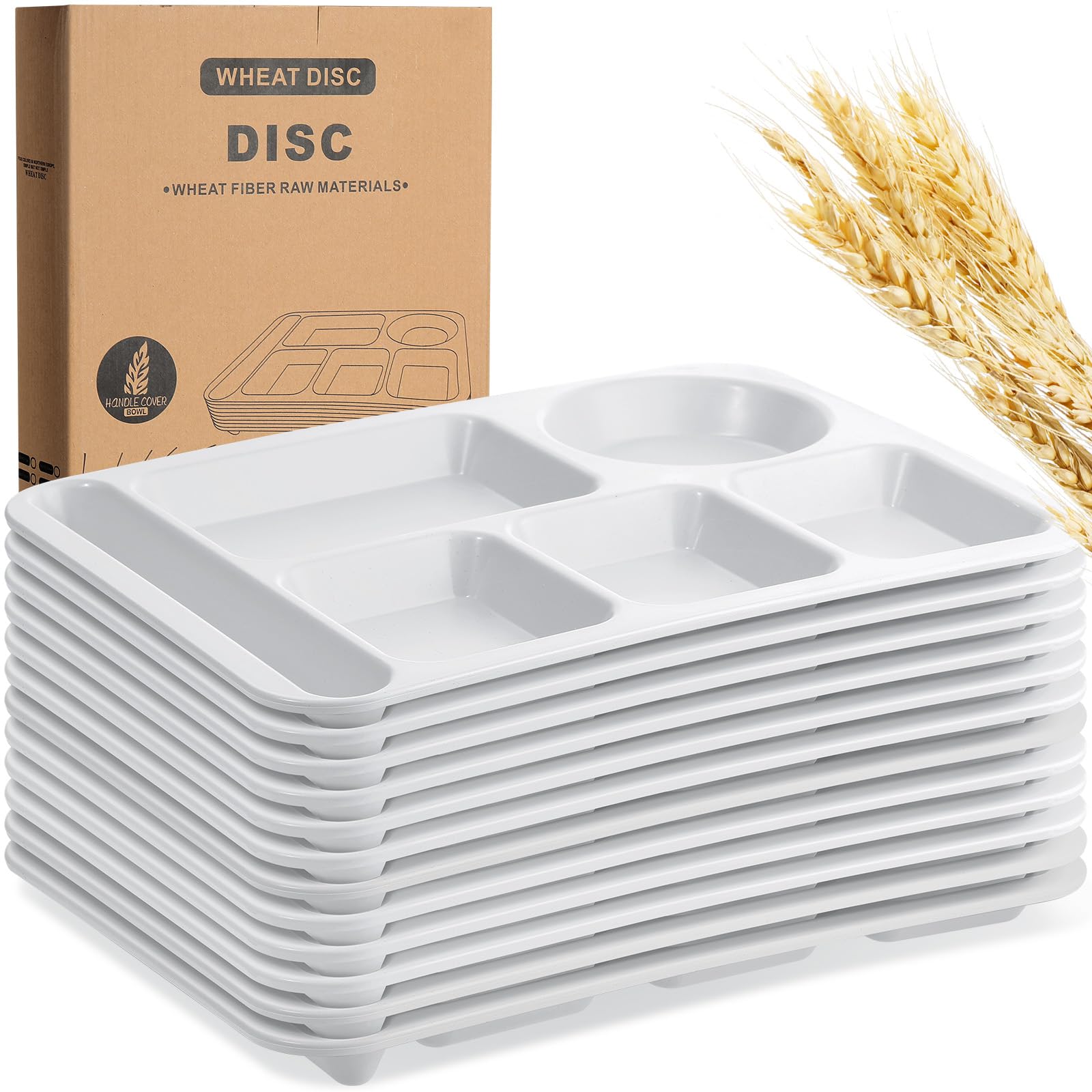 Photo 1 of Pinkunn 12 Pcs 14'' Large Divided Plates Unbreakable Wheat Straw Lunch Trays 6 Compartments Cafeteria Trays Microwave Dishwasher Safe Food Separator Plates (White)