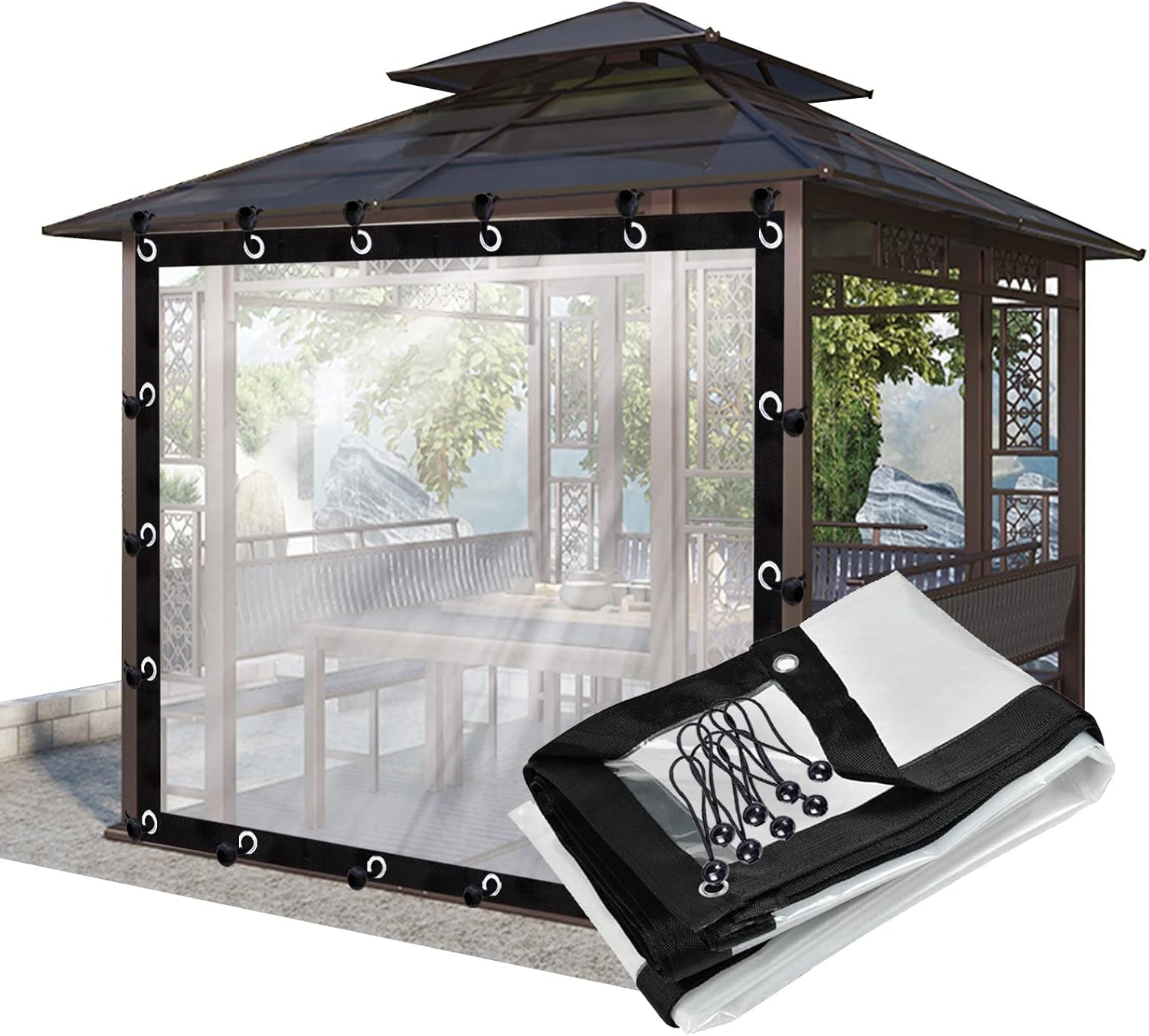 Outdoor Curtains - CghhDY Clear Waterproof Tarpaulin Curtains, Outdoor Gazebo Curtains, Pergola Patio Porch Balcony Transparent Waterproof Tarpaulin, with Grommets (Color : Clear, Size : 8' x 10')