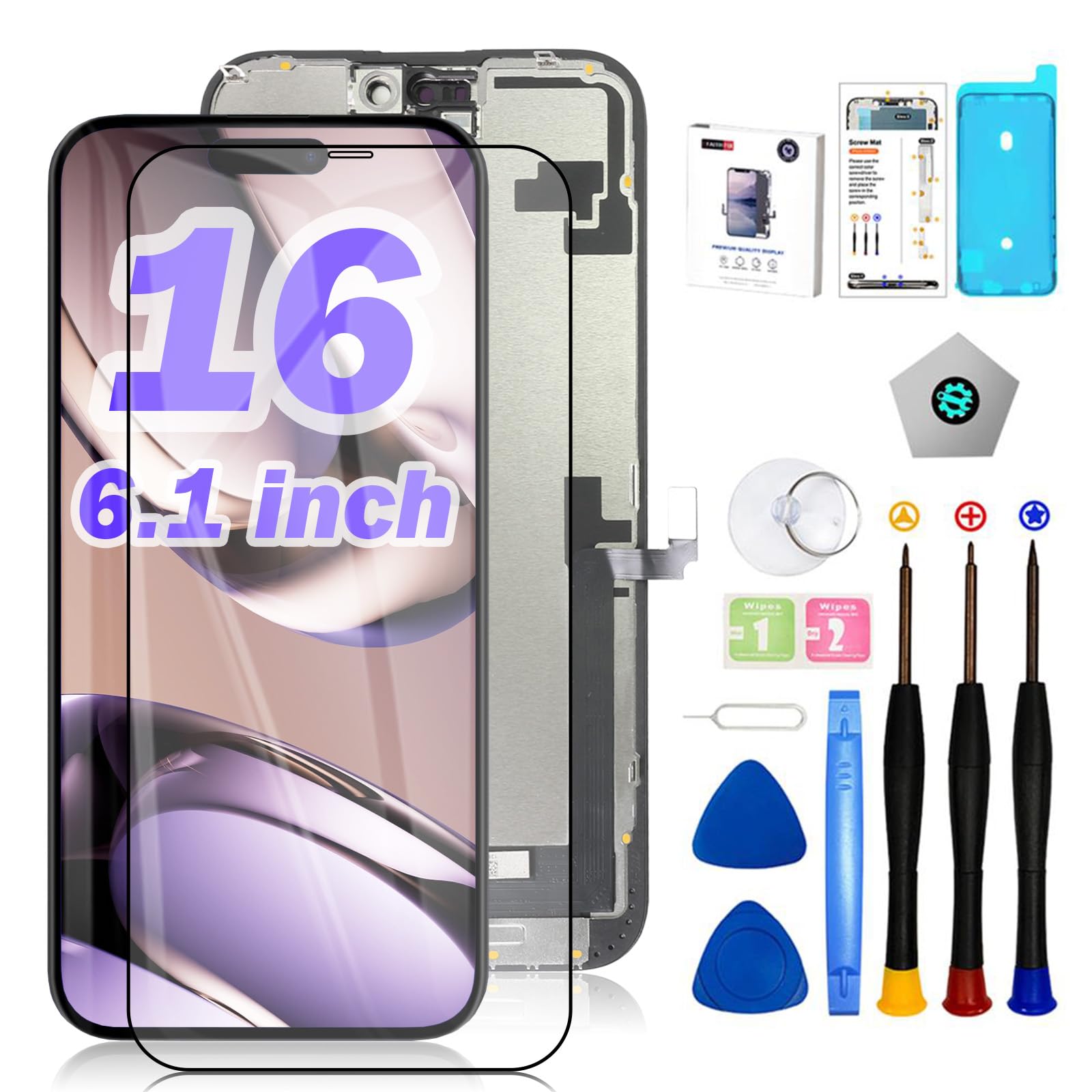 EFAITHFIX for iPhone 16 Screen Replacement 6.1 Inch LCD COF Screen 3D Touch Display Full HD Digitizer Frame Assembly (A3081,A3286,A3287,A3288) with Repair Tool Kit Screen Protector Waterproof Adhesive