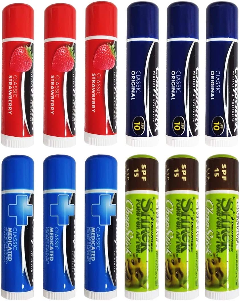 Chapstick Lip Balm Mixed Flavours (3 Apple Shreck, 3 Strawberry, 3 Medicated, 3 Original)