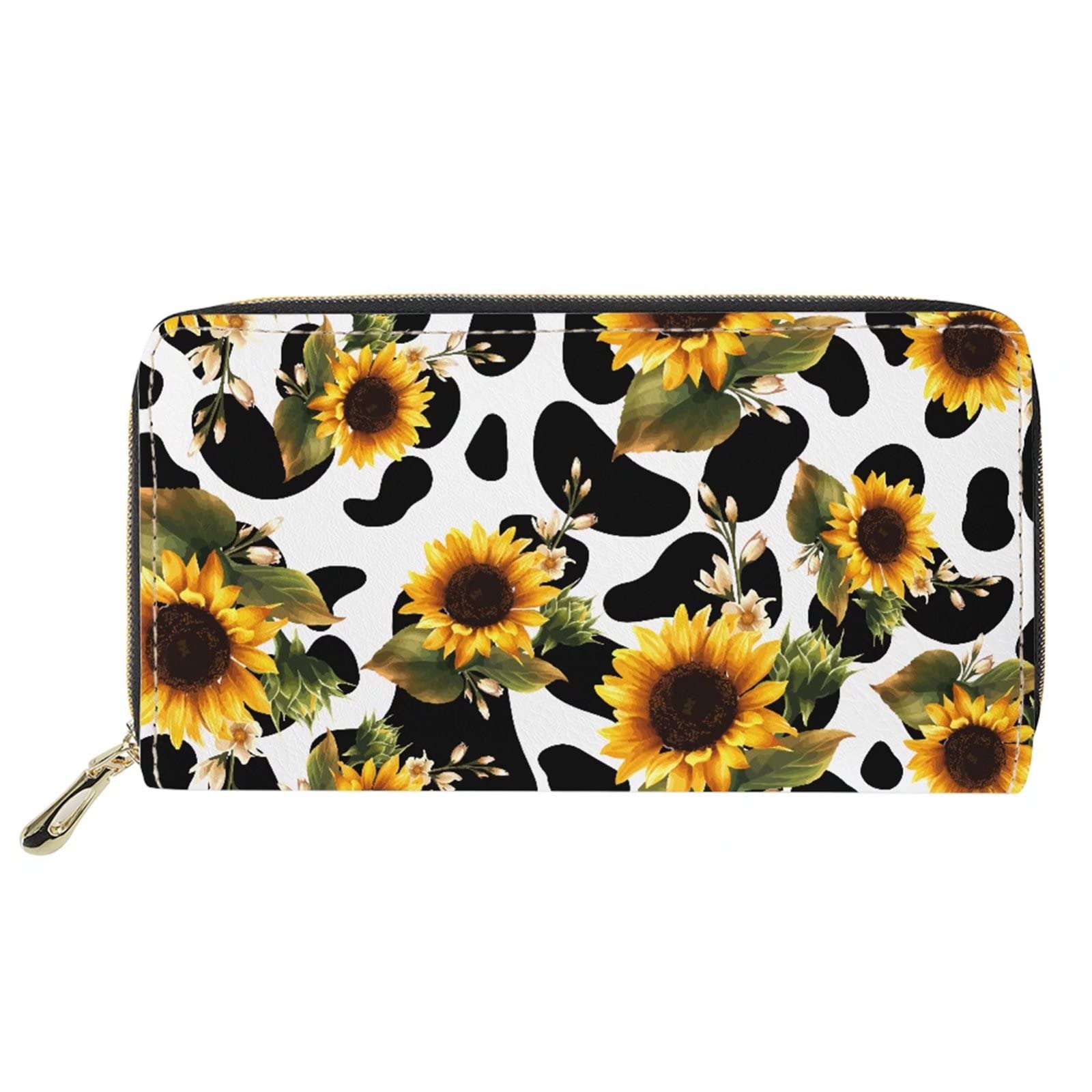 Pizding Women PU Leather Wallet Print Sunflowers Cow Card Holder Money Organizer Purse Zip Around Phone Clutch