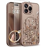GVIEWIN for iPhone 16 Pro Case Compatible with MagSafe, [Military Grade Protection] [Screen Protector] Full Camera Protection Floral Translucent Women Magnetic Phone Case, Floratopia/Brown