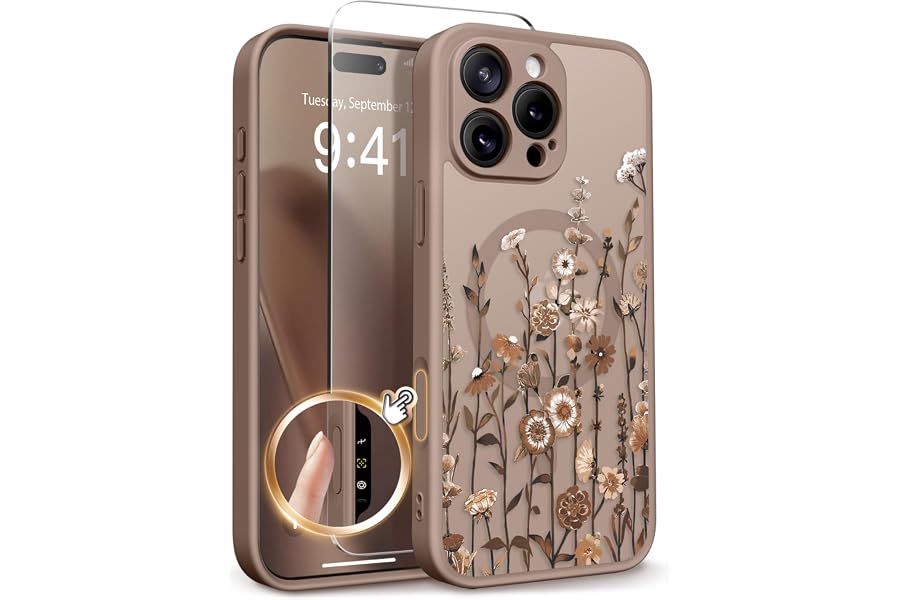 GVIEWIN for iPhone 16 Pro Max Case Compatible with MagSafe Screen Protector | Military Grade Protection, Full Camera Protection, Floral Translucent, Women Magnetic Phone Case, Floratopia/Brown