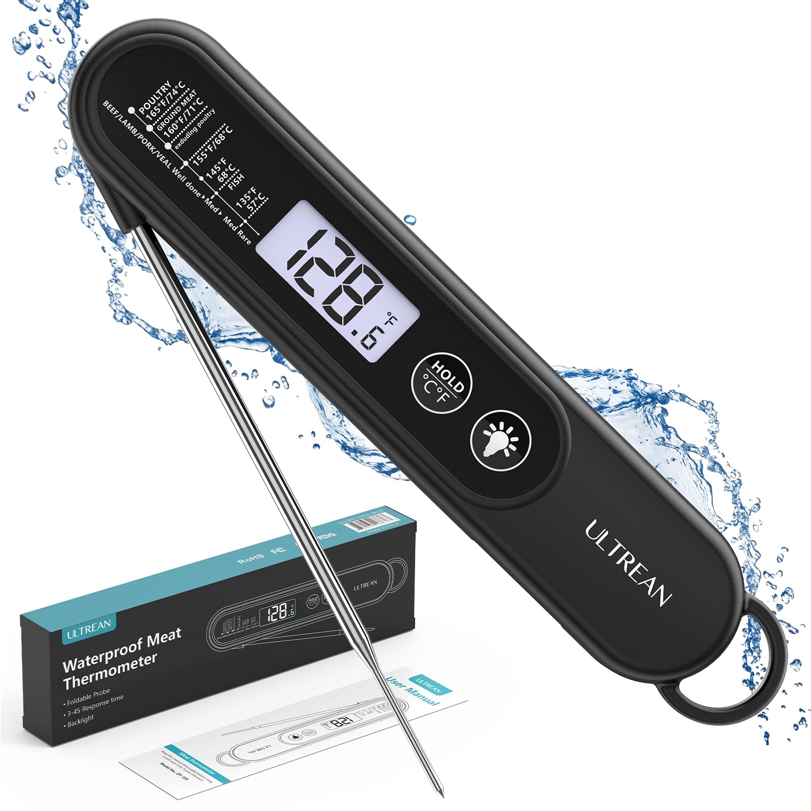 Photo 1 of Ultrean Digital Meat Thermometer for Cooking,Ultra-Fast Instant Read Food Thermometer with Backlight,Foldable Probe,Waterproof Kitchen Thermometer for BBQ,Grill,Fry,Oven,Candy Making