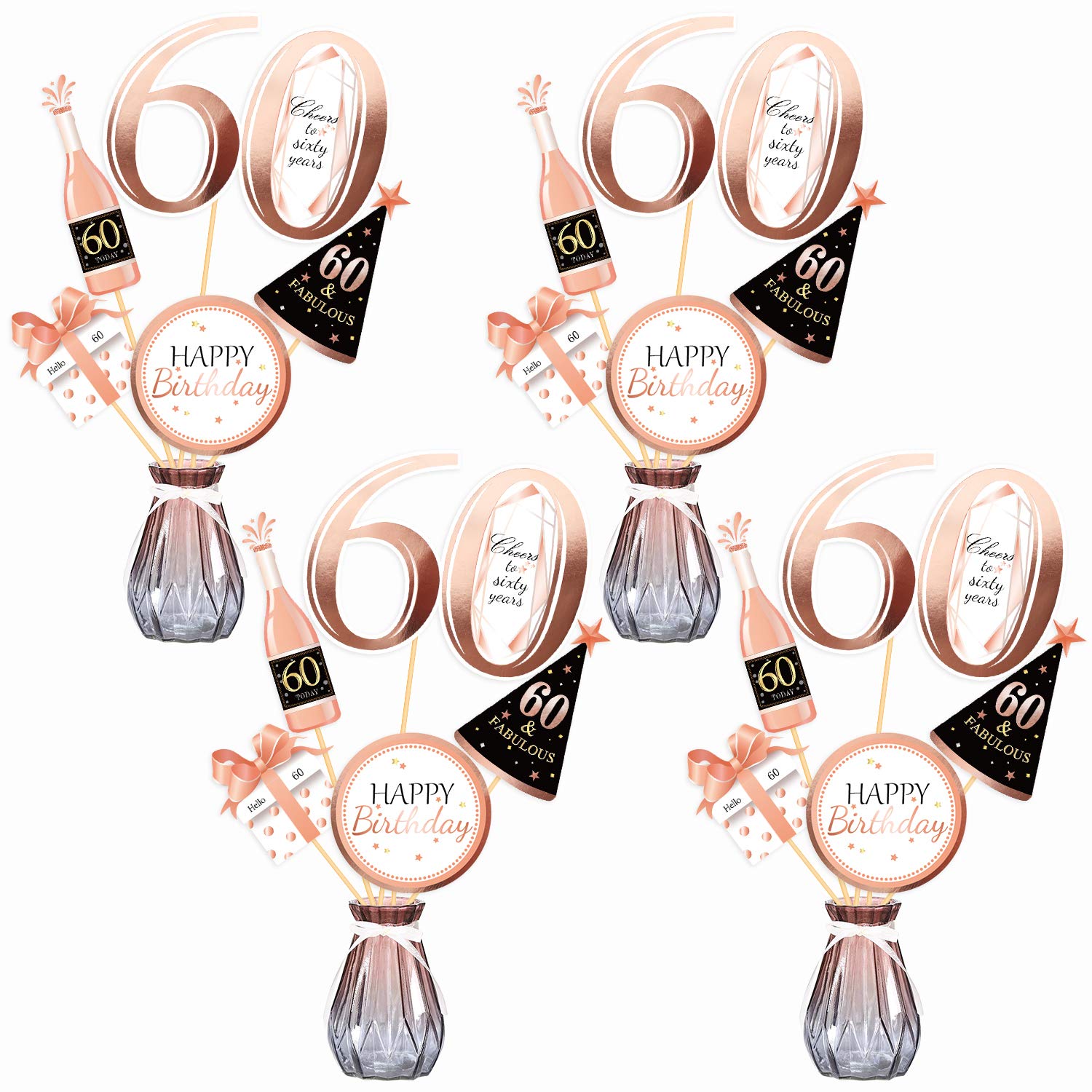 Qpout Rose Gold 60th Birthday Centerpiece Sticks-60th Birthday Table Toppers -Birthday Party Decorations Accessories-Fabulous 60 Bday Party- Cheers to 60 Years Birthday Party Favour Table Supplies