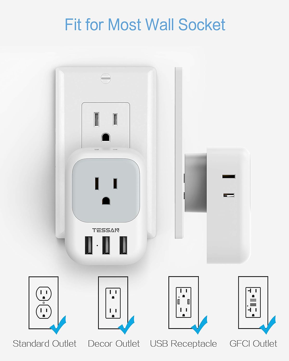 Multi Plug Outlet Extender with USB, TESSAN Electrical 4 Outlet Box Splitter with 3 USB Wall Charger, Multiple Power Outlet Expander for Cruise Essentials, Home, Office - - 