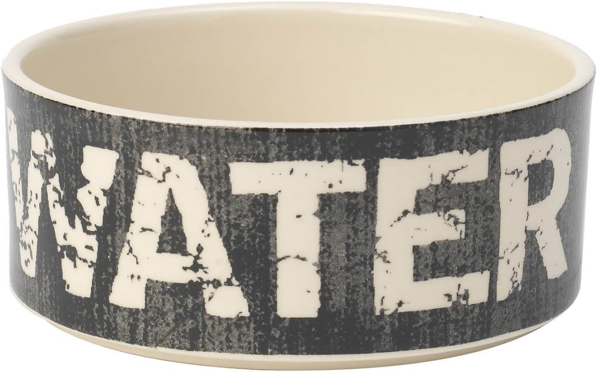 PetRageous 10003 Vintage Stoneware Dog Water Bowl with 3.5-Cup Capacity 6-Inch Diameter by 2.5-Inch Tall Great for Medium and Large Sized Dogs and Cats, Black and Natural, One Size