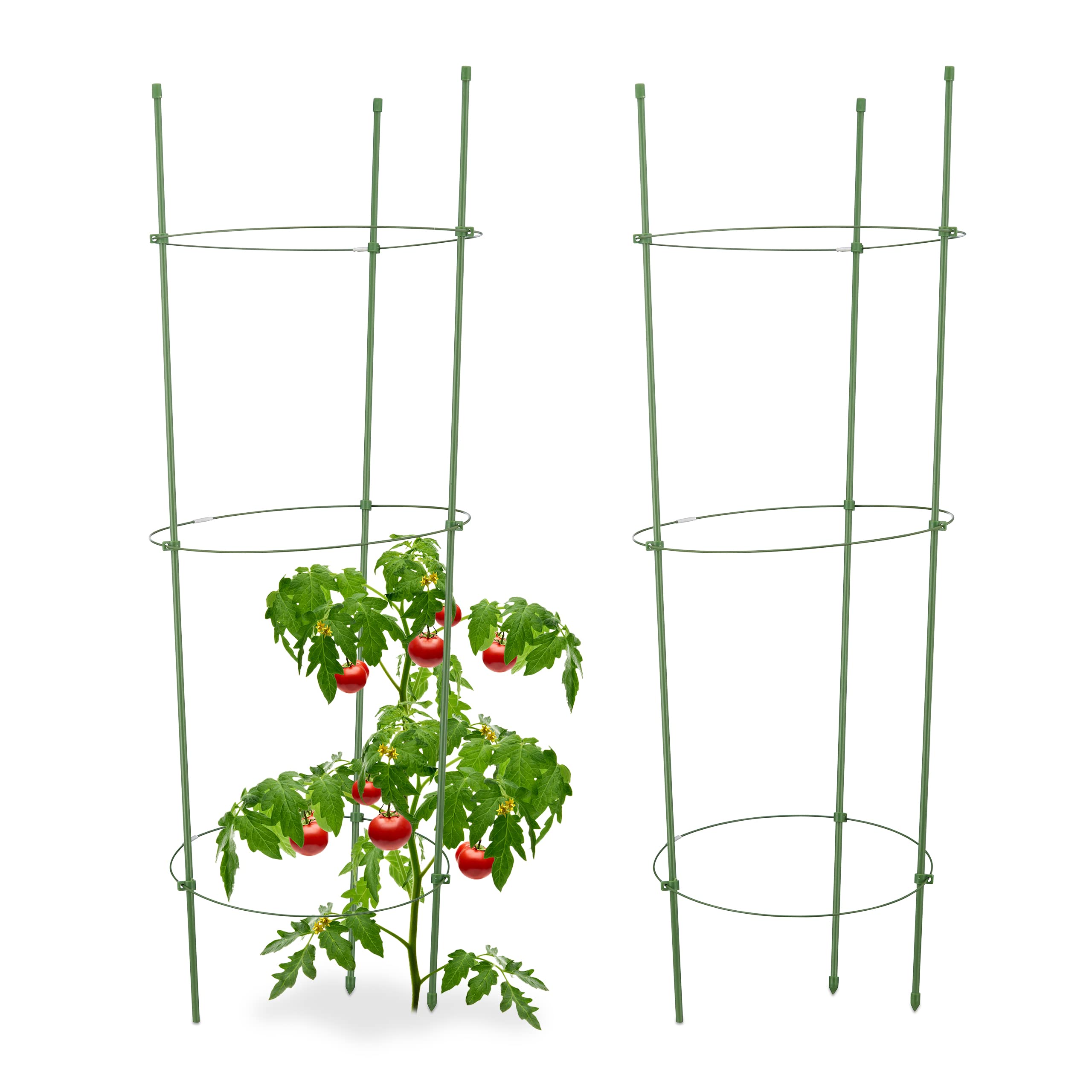 Relaxdays Growing Support for Tomatoes, Set of 2, Height-Adjustable Rings, Rods, Balcony, Patches, Plastic, 76 cm Long, Green