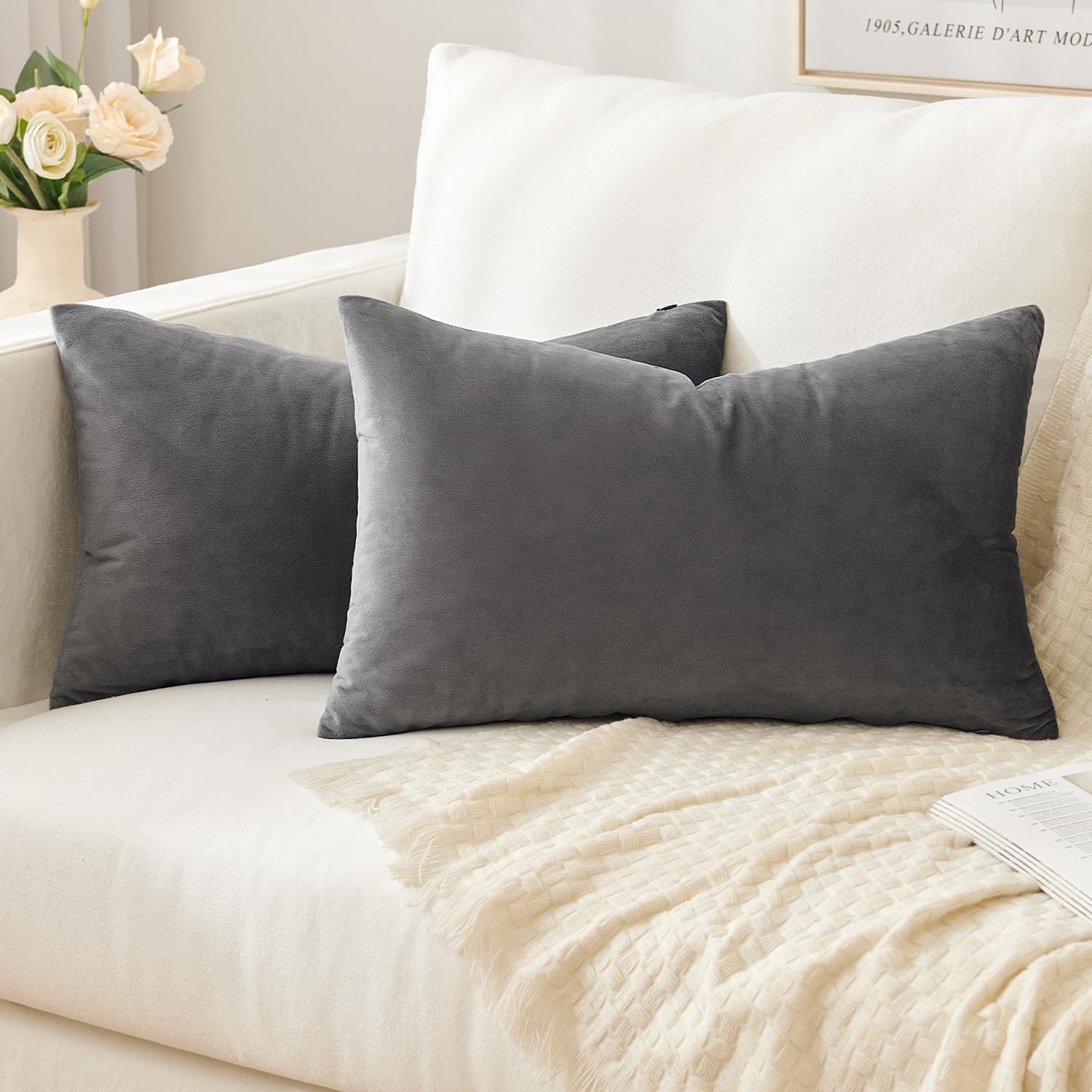 Slozzi Set of 2 Velvet Cushion Covers Home Plain Decorative Throw Pillow cases 12x20 Inch 30x50 cm Soft Square Pillow Covers for Sofa Bedroom Dark Grey