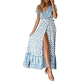 R.Vivimos Women's Summer Short Sleeve Floral Print Bohemian Beach Waist Tie Wrap Long Flowy Dress with Slit