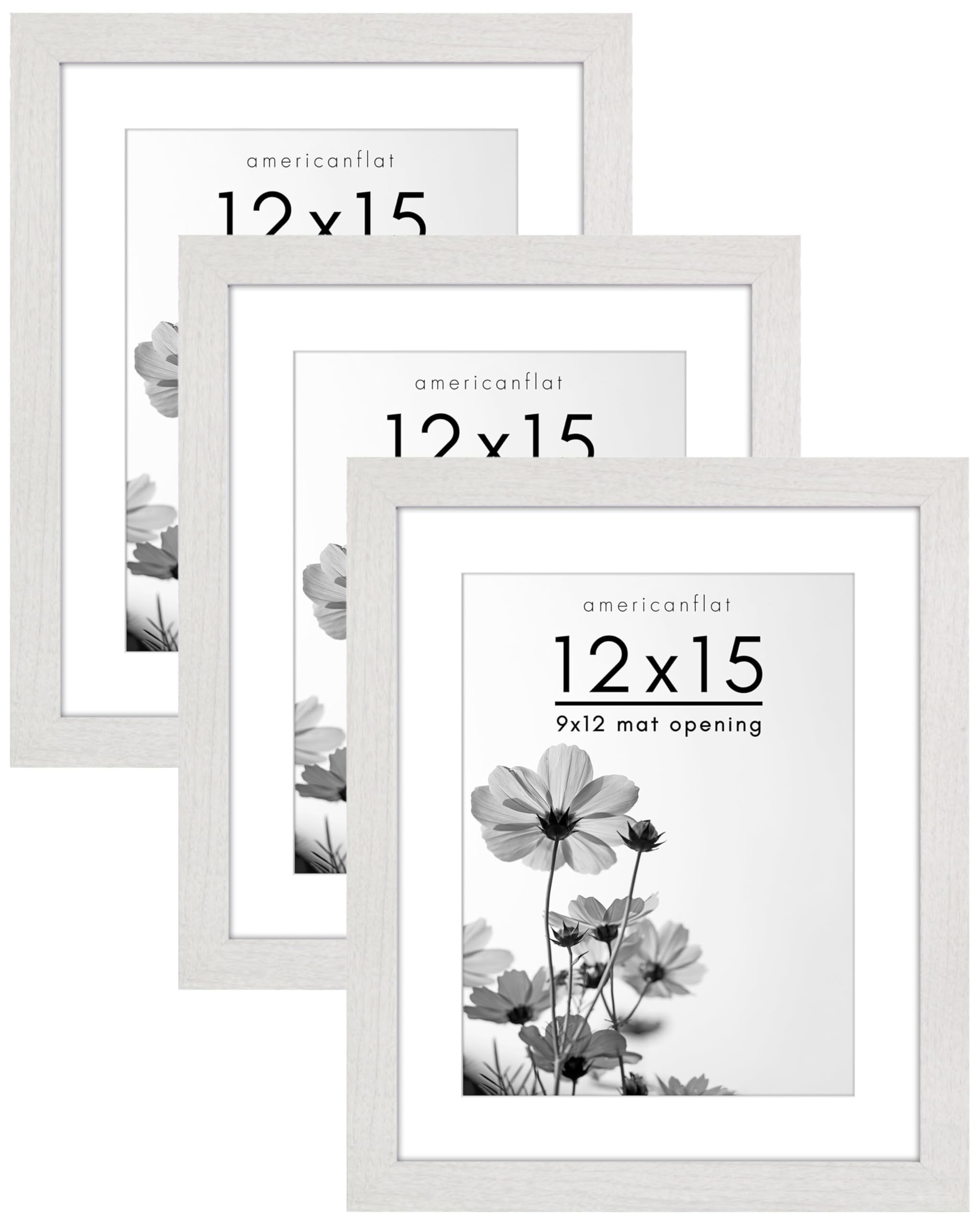 Americanflat 12x15 Picture Frame with Shatter-Resistant Glass - Use as 9x12 Frame with Mat or 12x15 Frame Without Mat - Hudson Collection - Wide Photo Frame for Wall display - White (Pack of 3) Image