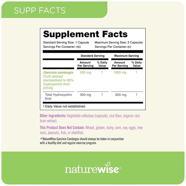 NATUREWISE GARCINIA CAMBOGIA – 60% HCA CONCENTRATION EXTRACT, NATURAL SUPPORT FOR WEIGHT GOALS AND ENERGY LEVELS – VEGAN, NON-GMO, GLUTEN FREE – 180 CAPSULES[2-6 MONTH SUPPLY]