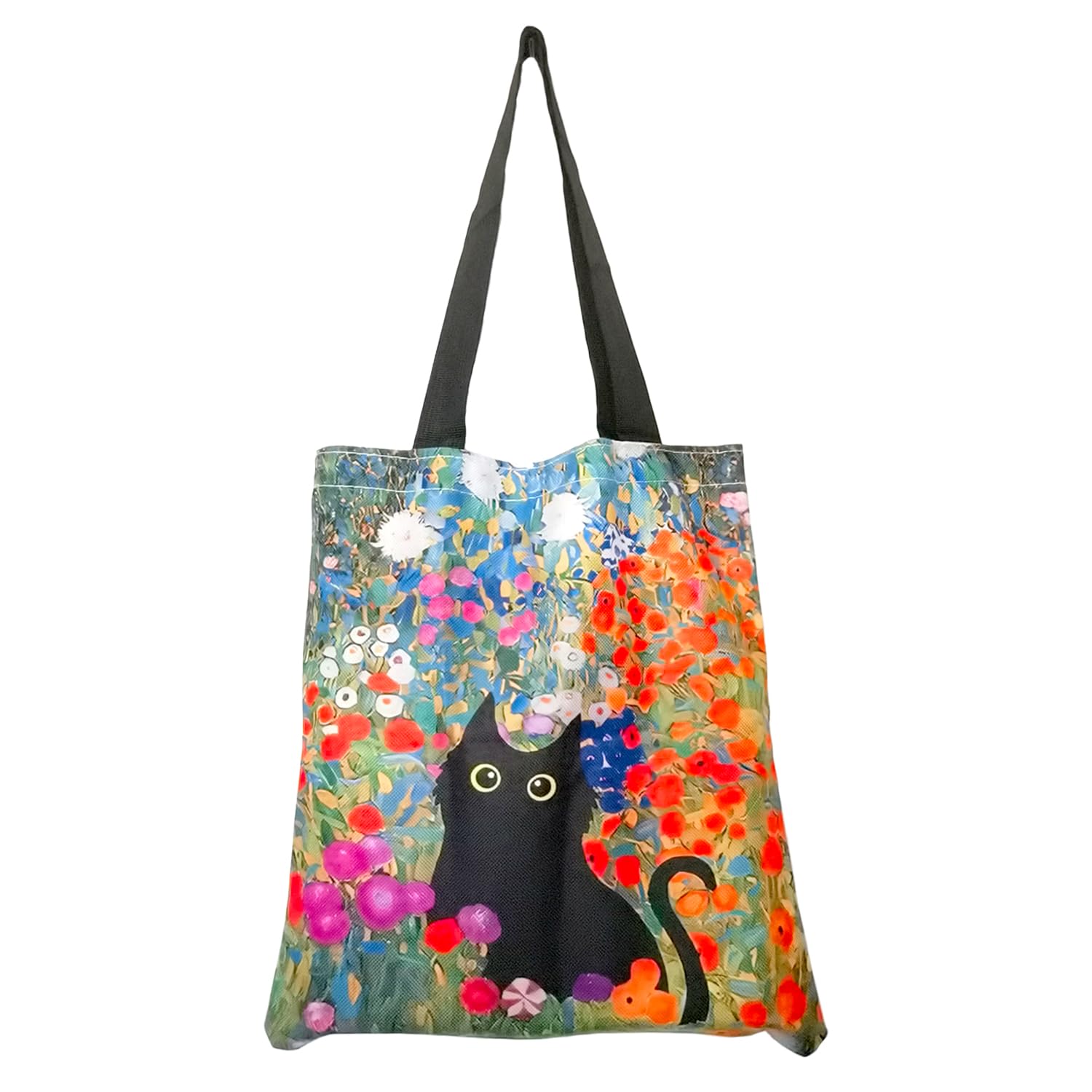 ARJDXDP Girls Aesthetic Canvas Tote Bag, Cute Black Cat Floral Canvas Tote for Work Shopping Travel, Reusable Shopping Bags 33 x 40 cm