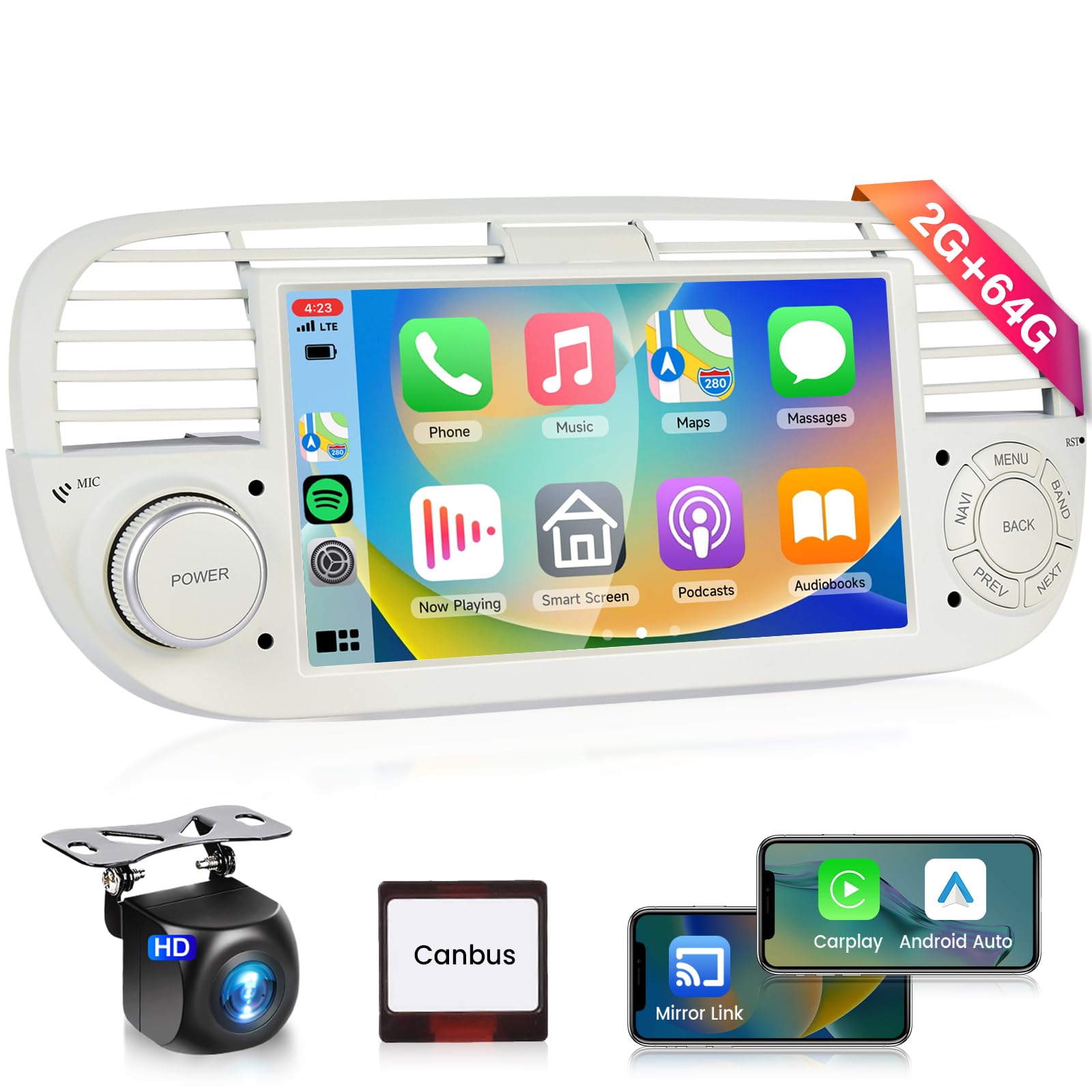 Android 13 Car Stereo for Fiat 500 2007-2015 with Wireless Carplay Android Auto, Podofo 7 inch HD IPS Touch Screen Bluetooth Radio, GPS, Wifi, EQ, FM/RDS, AHD Backup Camera,2G RAM+64G ROM