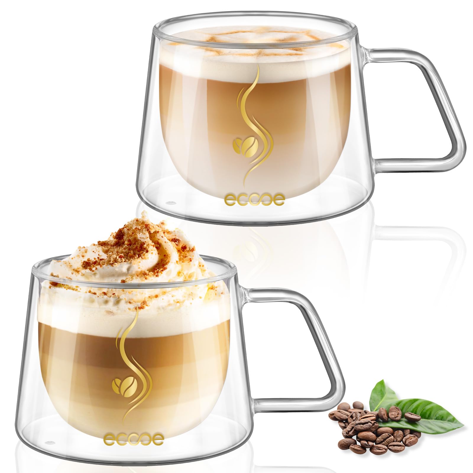Photo 1 of ecooe Double Walled Glass Coffee Mug 12oz Cappuccino Latte Macchiato Cups Set of 2 Clear Glass Coffee Cups with Handle, Double Wall Glass Cup for Tea Milk Juice Ice Cream, Birthday Gifts for Mum Dad