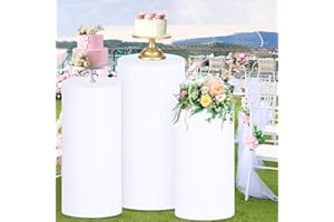 FUHSY Spandex Cylinder Pedestal Stand Covers for Party Set of 3 Spandex Cylinder Covers White Round Plinth Cover Stretchy Fabric Birthday Table Display Pillar Cover for Bridal Baby Shower Prop Decor