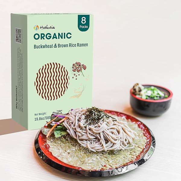 HETHSTIA RICE RAMEN ORGANIC BROWN RICE AND BUCKWHEAT NOODLES, GLUTEN-FREE BUCKWHEAT RAMEN, WHOLE GRAIN RICE RAMEN PASTA, NON-GMO AND KOSHER, 8 PACKS SOBA RAMEN NOODLES BABY HEALTHY DIET (19.8 OZ)