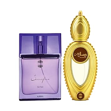 Ajmal Sacrifice for HER EDP Floral Musky Perfume 50ml for Women and Wisal Dhahab EDP Fruity Floral Perfume 50ml for Men + 2 Parfum Testers FREE