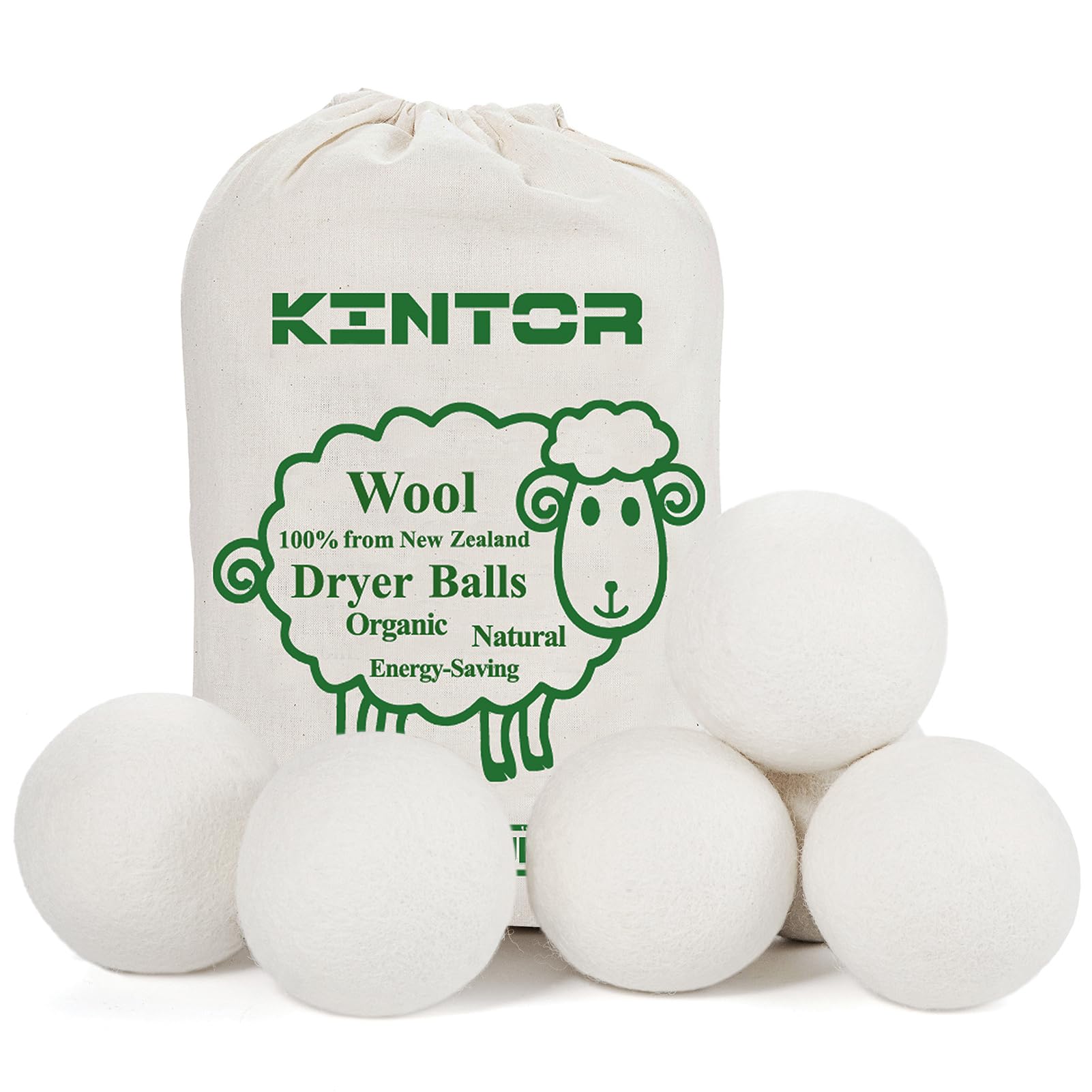 KinTor Wool Dryer Balls XL 6-Pack Reusable, Hypoallergenic 100% Organic Fabric Softener Alternative,Baby Safe & Unscented,Reduce Wrinkles & static cling, Shorten Drying Time, Natural Handmade (XL)