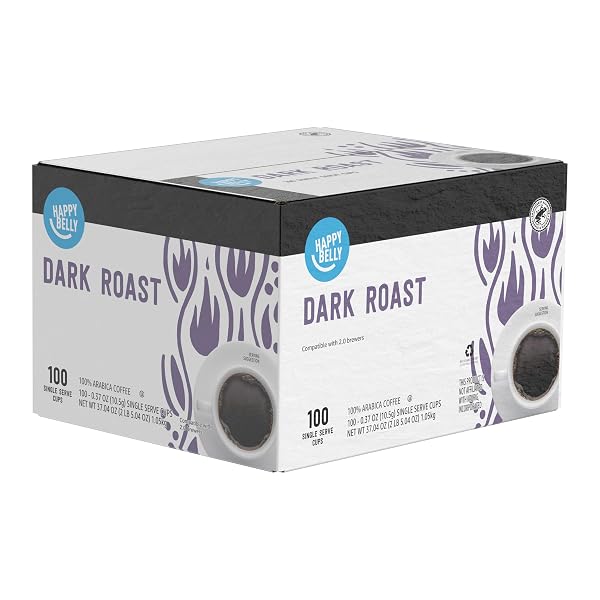 AMAZON BRAND – HAPPY BELLY DARK ROAST COFFEE PODS, COMPATIBLE WITH KEURIG 2.0 K-CUP BREWERS, 100 COUNT