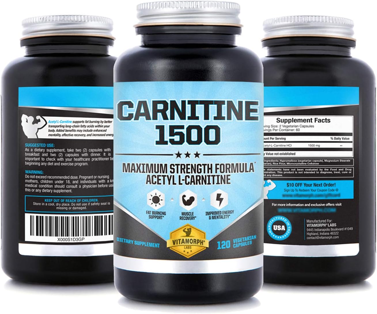 Carnitine 1500 - Acetyl L-Carnitine 1500mg Maximum Strength Carnitine Supplement - Supports Energy, Memory, Focus and Weight Loss Management by Vitamorph Labs - 120 Vegetarian Capsules: Health & Personal Care