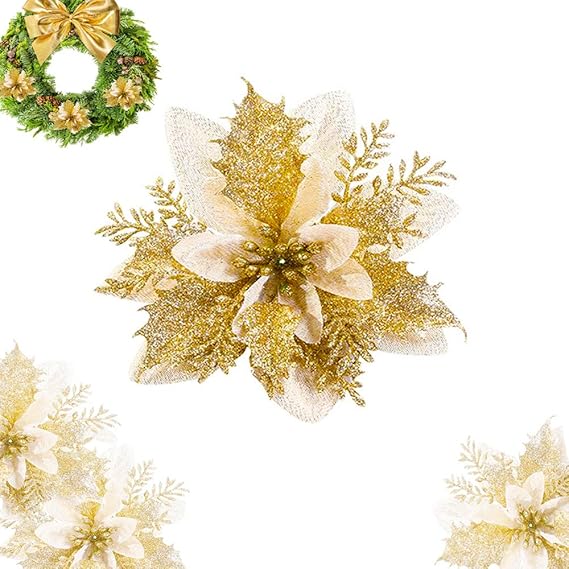 16pcs Christmas Glittering White Gold Flowers,Artificial