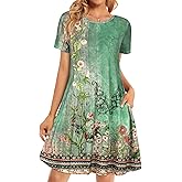 Womens Summer Dresses Beach Casual Loose Tshirt Floral Short Sleeve Flowy Pockets Sundresses