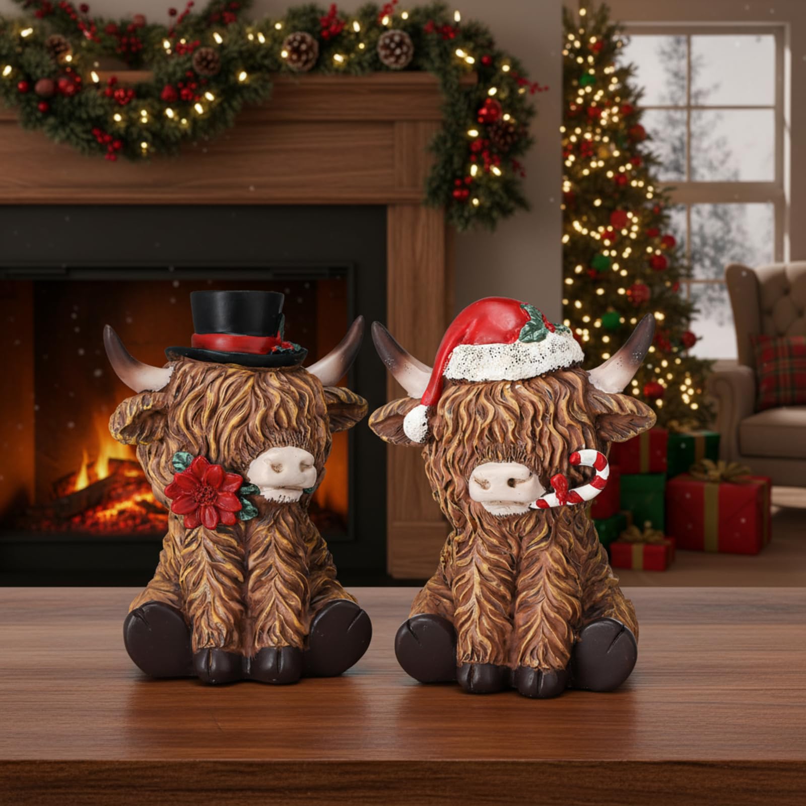 View 1 of ***Only 1 *** Beeveer 2 Pcs Highland Cow Figurines 4.3inch Christmas Poinsettia Candy Cane Highland Santa Hat Cow Gnome Scottish Resin Statue Calf Lover Gift for Xmas Home Garden Kitchen Tiered Tray Table Decor