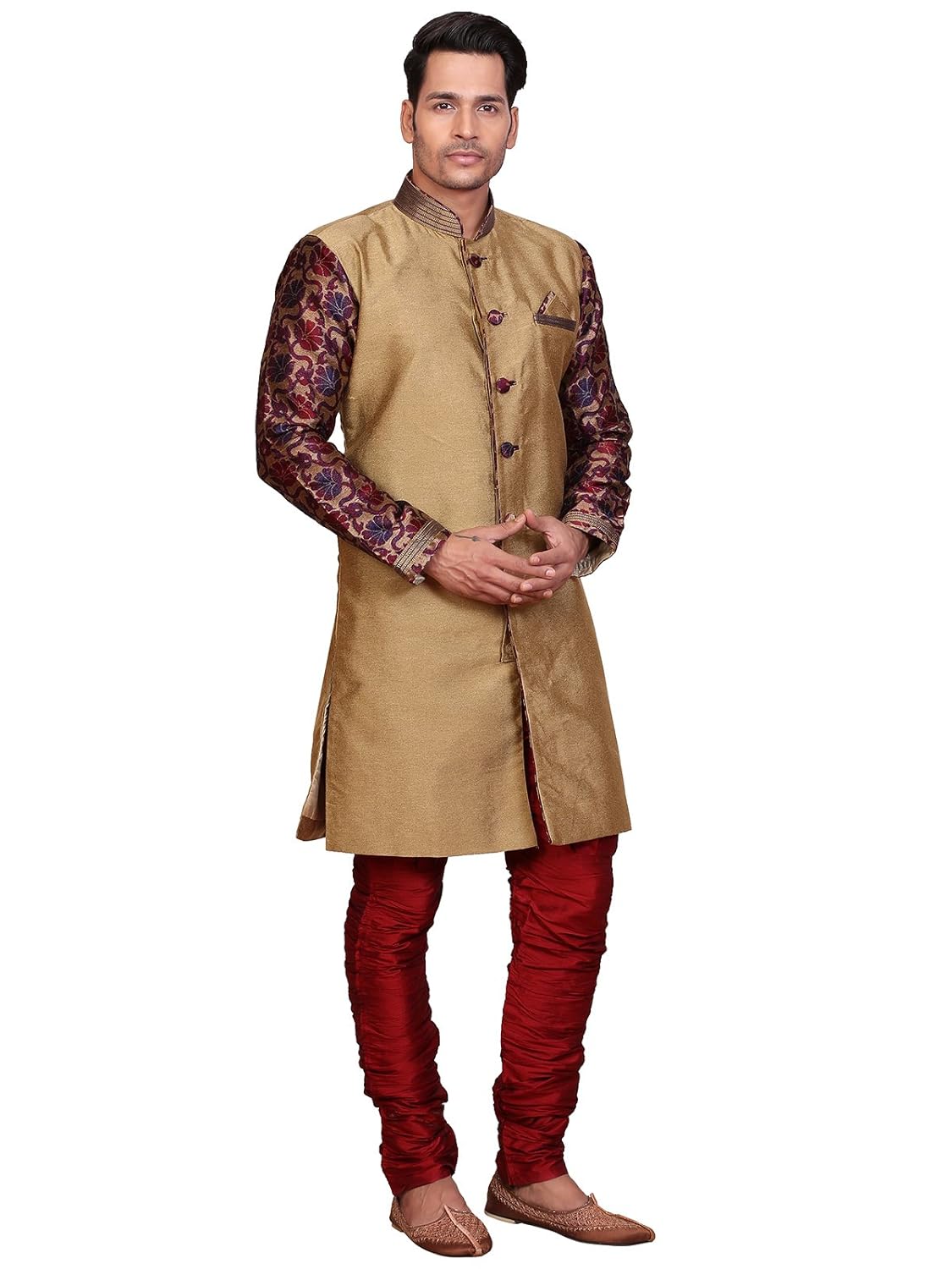 a.b.c. garmentsgolden sherwani with maroon printed sleeve for mens