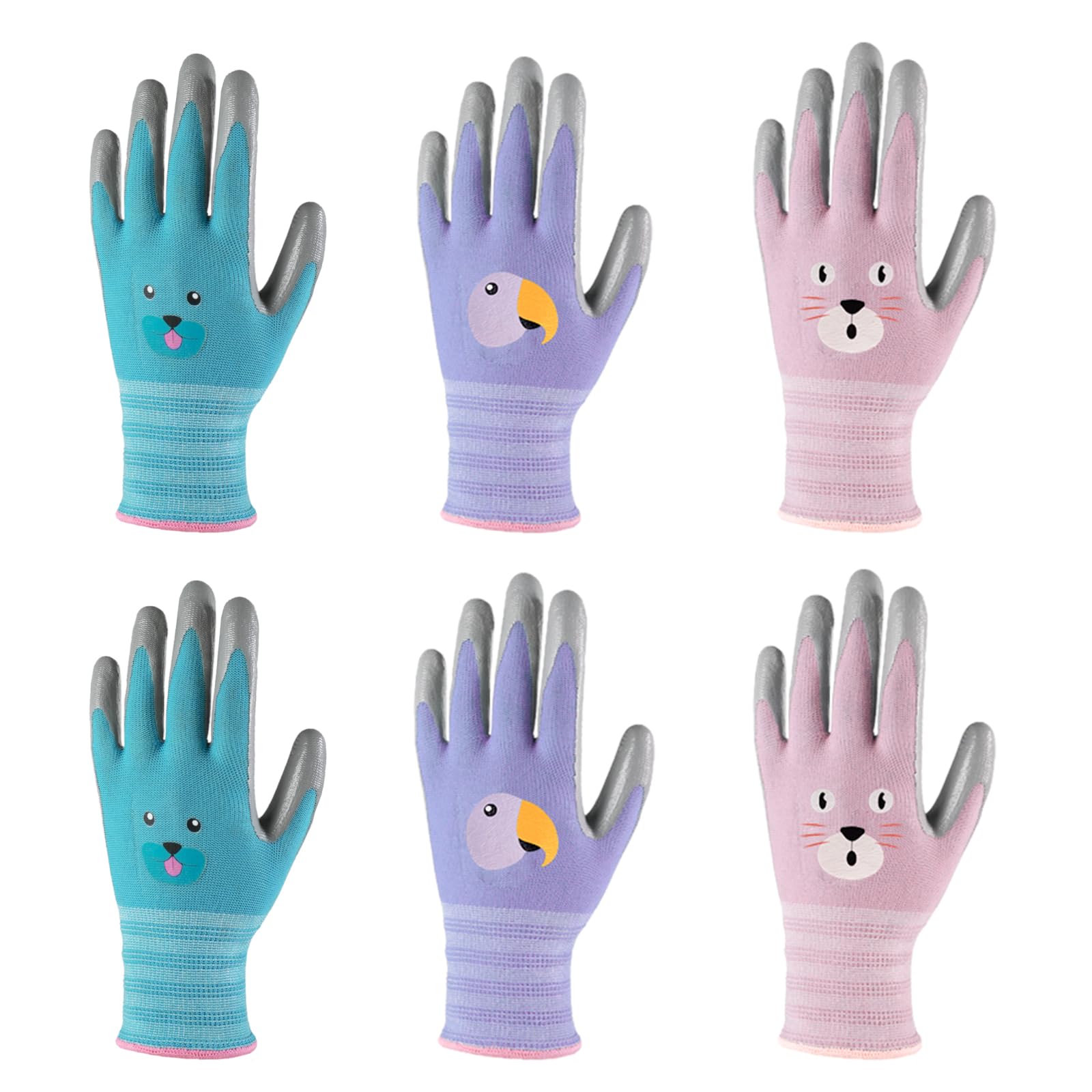 Photo 1 of ANDANDA Kids Gardening Gloves for Age 9-12, Nitrile Coated Children Yard Work Gloves with Grip, Seamless Knitted Nylon Suitable for Toddlers, Children, Girls/Boys, Blue& Pink&Purple, 6 Pair, Size 6/XL