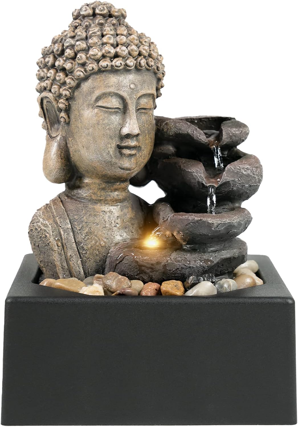Indoor Fountains & Accessories - Ferrisland Tabletop Waterfall Fountain Indoor - Buddha Water Fountains 4-Tier Tabletop Waterfall of Zen Meditation Buddha Fountain with LED Warm Light for Office Home and Bedroom Desktop Decor