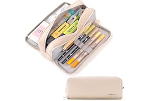 CICIMELON Large Capacity Pencil Case 3 Compartment Pouch Pen Bag for School Teen Girl Boy Men Women (Beige)